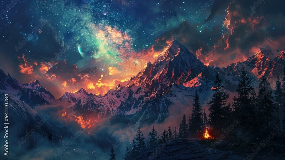 A Campfire Under a Starry Sky with a Mountain Range in the Background A Campfire Under a Starry Sky with a Mountain Range in the Background