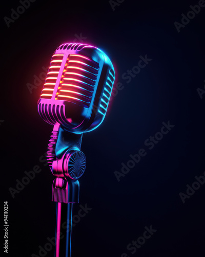 A vibrant retro microphone illuminated with colorful lights against a dark background, perfect for music and performance themes.