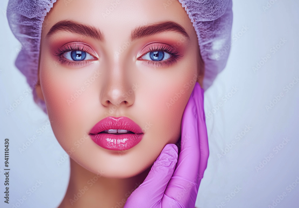 a Beautiful woman with a medical cap and gloves receiving a cosmetic lip filler injection from a doctor on a white background a Beautiful woman with a medical cap and gloves receiving a cosmetic lip filler injection from a doctor on a white background