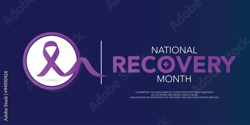 National Recovery Month is observed every September in the United States to raise awareness about mental health and substance use.Calligraphy Realistic Teal Ribbon. Banner poster, flyer and background