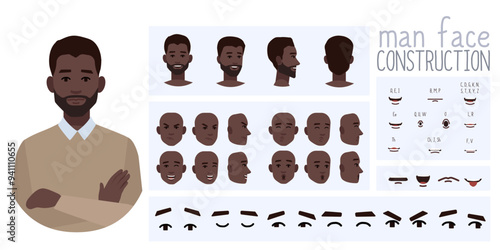 Business office worker man constructor suitable for animation. Generator of diverse eyes, lips, emotion expressions mouth animation and lip sync. Young man character face and upper body construction.