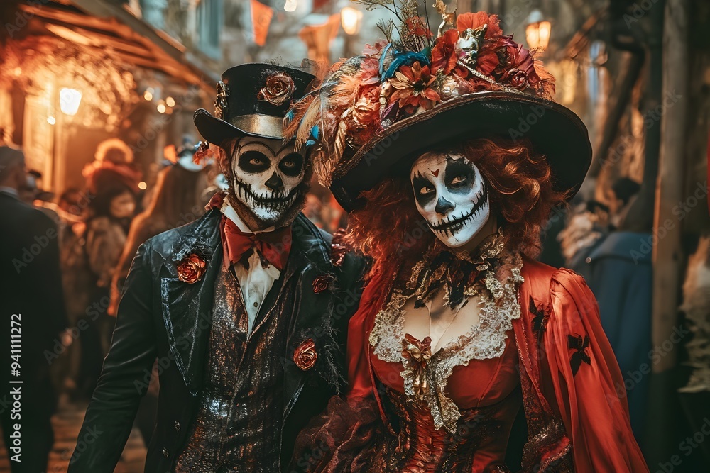 Vibrant couple in elaborate Day of the Dead costumes, showcasing intricately painted skulls, rich textures, and festive decorations in a lively cultural celebration. Vibrant couple in elaborate Day of the Dead costumes, showcasing intricately painted skulls, rich textures, and festive decorations in a lively cultural celebration.