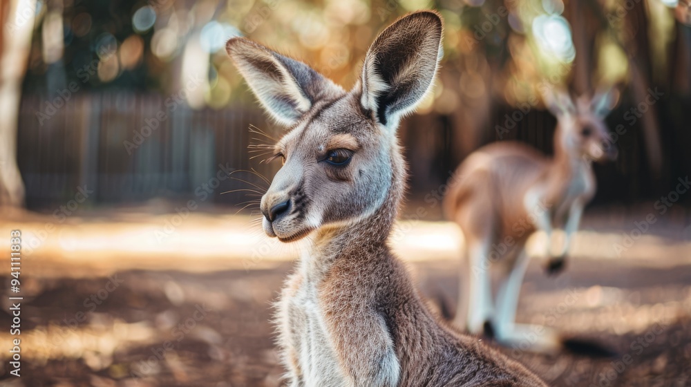 Fototapeta premium A curious kangaroo stands alert in a fenced enclosure, with another kangaroo in the background, illustrating an interaction in a controlled environment.