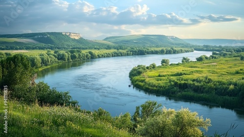 A river with a green valley and a cloudy sky