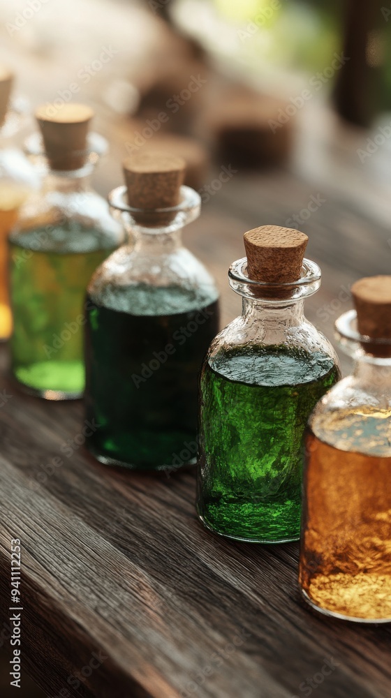 Colorful glass bottles filled with various liquids sit elegantly on a wooden surface, showcasing their vibrant hues and textures. Colorful glass bottles filled with various liquids sit elegantly on a wooden surface, showcasing their vibrant hues and textures.