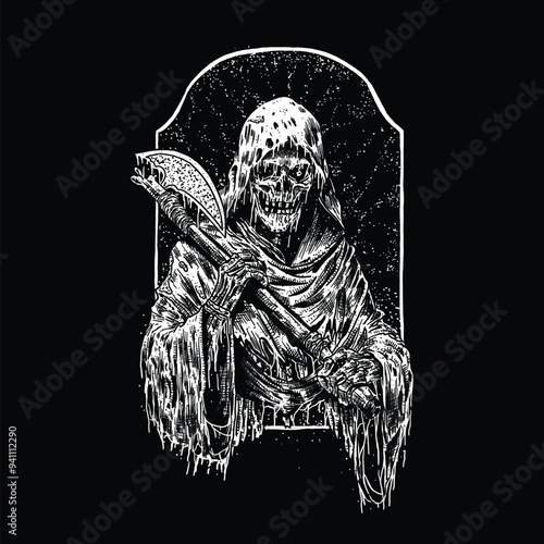 hand drawn grim reaper death metal illustration
