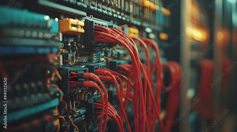 Server Rack with Red Network Cables. Server Rack with Red Network Cables.