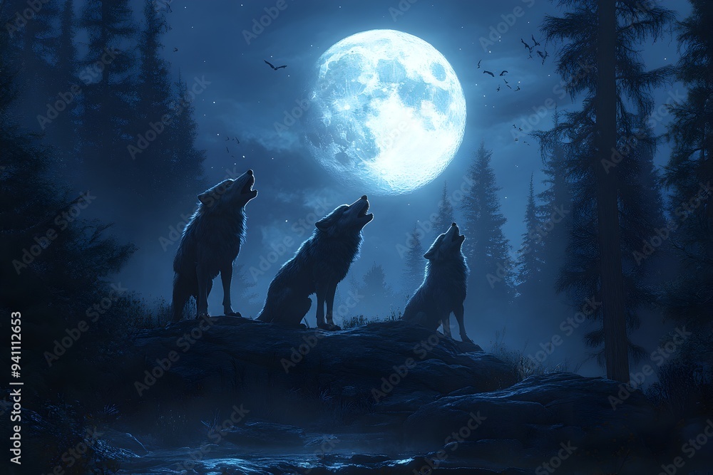 Fototapeta Moonlit howls, three majestic wolves silhouetted against a luminous full moon, deep forest surrounds, evoking mystery and wild beauty in the serene night.