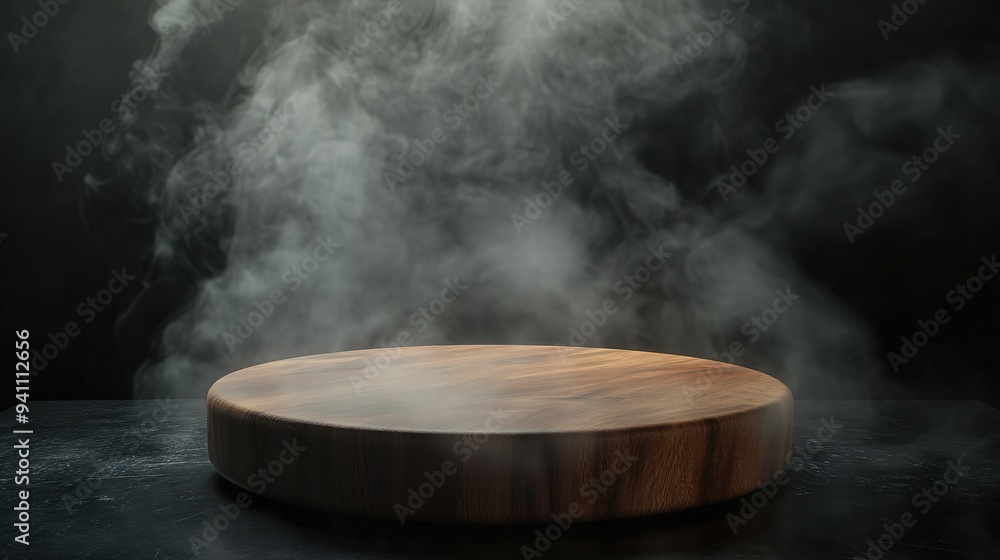 Elegant Wooden Podium Showcased on Dark Background with Mystical Smoke, Capturing the Essence of Stage Presence and Dramatic Ambiance in a Studio Setting Elegant Wooden Podium Showcased on Dark Background with Mystical Smoke, Capturing the Essence of Stage Presence and Dramatic Ambiance in a Studio Setting