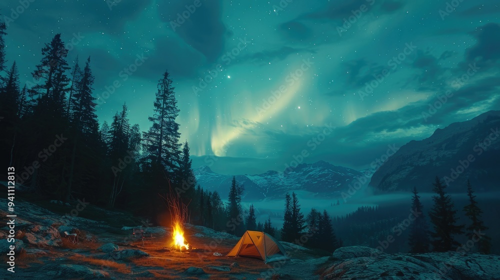 Obraz premium Campsite with Fire, Tent, and Mountains Under a Starry Sky