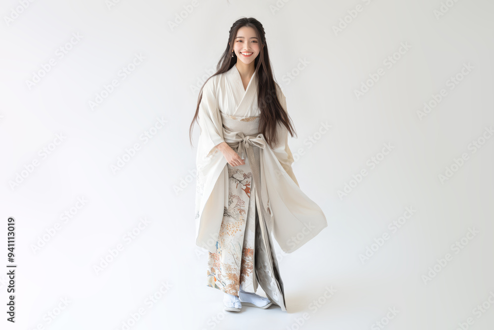 a beautiful Japanese woman with long hair in a traditional white kimono with a floral pattern, smiling warmly against a white background. Ideal for content celebrating Japanese culture. a beautiful Japanese woman with long hair in a traditional white kimono with a floral pattern, smiling warmly against a white background. Ideal for content celebrating Japanese culture.