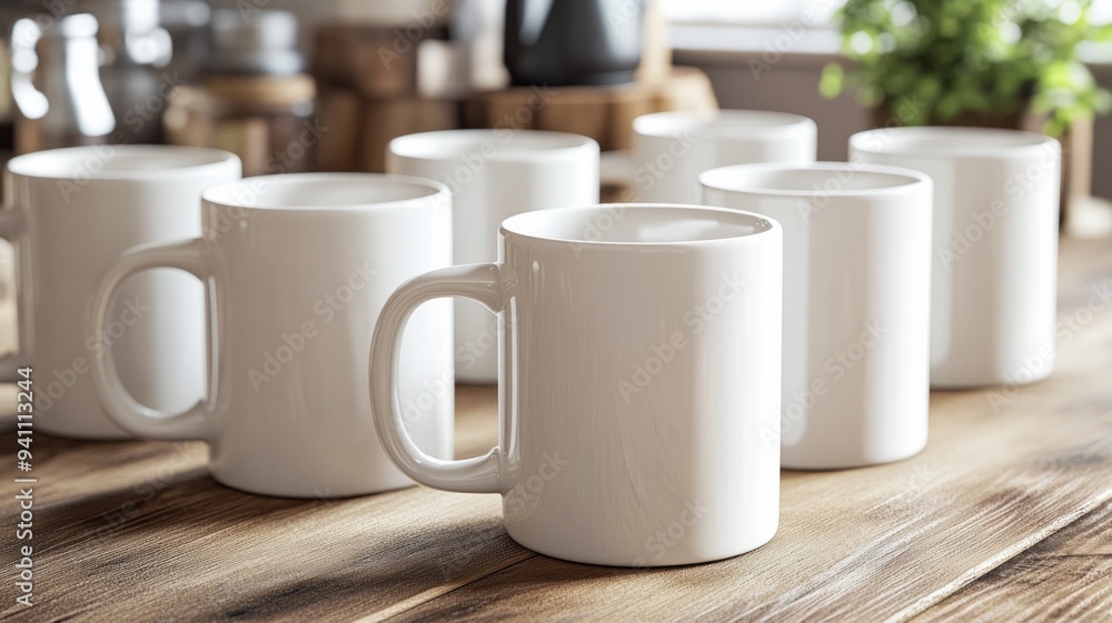 A row of white coffee mugs sit on a wooden table A row of white coffee mugs sit on a wooden table
