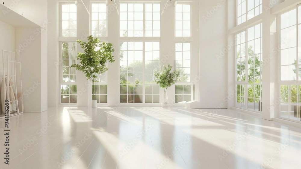 Fototapeta premium Sunlit room with large windows, lush potted plants, and a clean, minimalist design, offering a refreshing and airy ambiance.