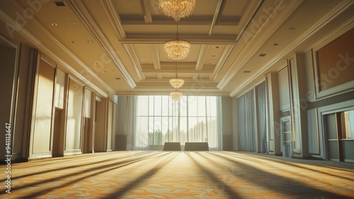 A large, empty room with a chandelier hanging from the ceiling