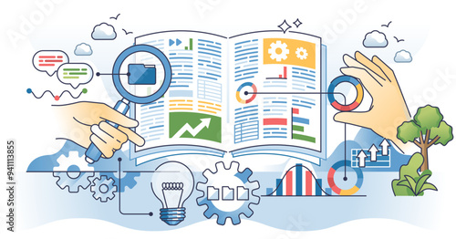 Content analysis and qualitative information research outline hands concept, transparent background.Fact check for fake news and interpretation illustration.