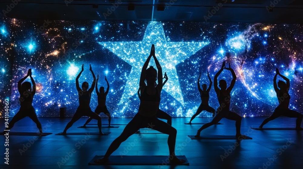 Obraz premium People practicing astrology yoga in front of a constellation-themed backdrop during an evening class