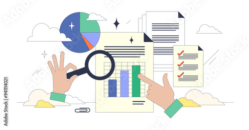 Document analysis or information report research tiny neubrutalism concept, transparent background. Analyzing files with detailed data investigation and professional examination illustration.
