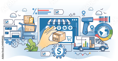 Dropshipping business and process when vendor fulfills order for third party company outline hands concept, transparent background. Retail shipping from warehouse and purchase distribution.