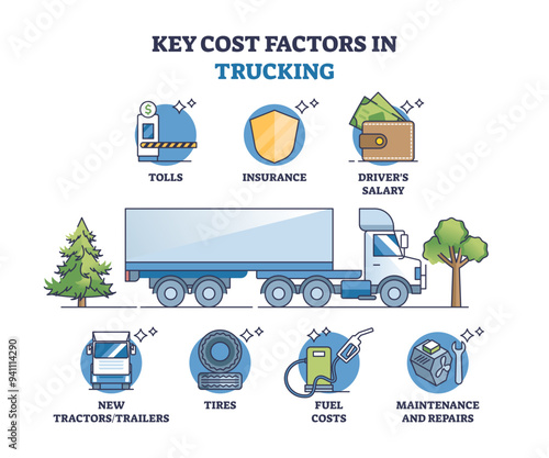 Key cost factors in trucking for full expenses calculation outline diagram, transparent background. Labeled educational inventory list with truck vehicle costs like tolls.