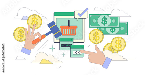 Online auction with bidding digital platform tiny person neubrutalism concept, transparent background.Website with product offer for participants to bid with money proposals illustration.