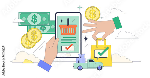 Online shopping and e-commerce retail store tiny person neubrutalism concept, transparent background. Customer makes purchase from internet website illustration. Payment and delivery options.
