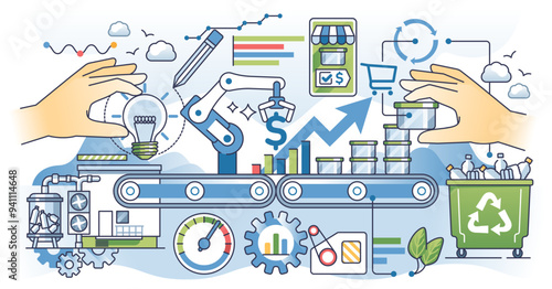 Product lifecycle management with agile manufacturing outline hands concept, transparent background. Production flow strategy using smart and effective business model illustration.