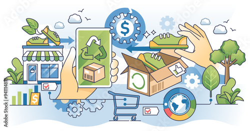 Reverse commerce or recommerce sale business model outline hands concept, transparent background. Sustainable and environmental shopping as used products purchase for reuse illustration.