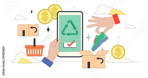Reverse commerce to buy products cheaper tiny person neubrutalism concept, transparent background. Recommerce business for second hand clothing and returned goods reselling illustration.