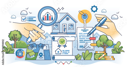 Real estate agent license and official certification document outline hands concept, transparent background.
