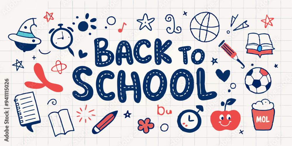A fun and colorful back to school illustration featuring hand-drawn doodles of school supplies, sports equipment, and other educational items. Perfect for adding a touch of whimsy to your projects. A fun and colorful back to school illustration featuring hand-drawn doodles of school supplies, sports equipment, and other educational items. Perfect for adding a touch of whimsy to your projects.