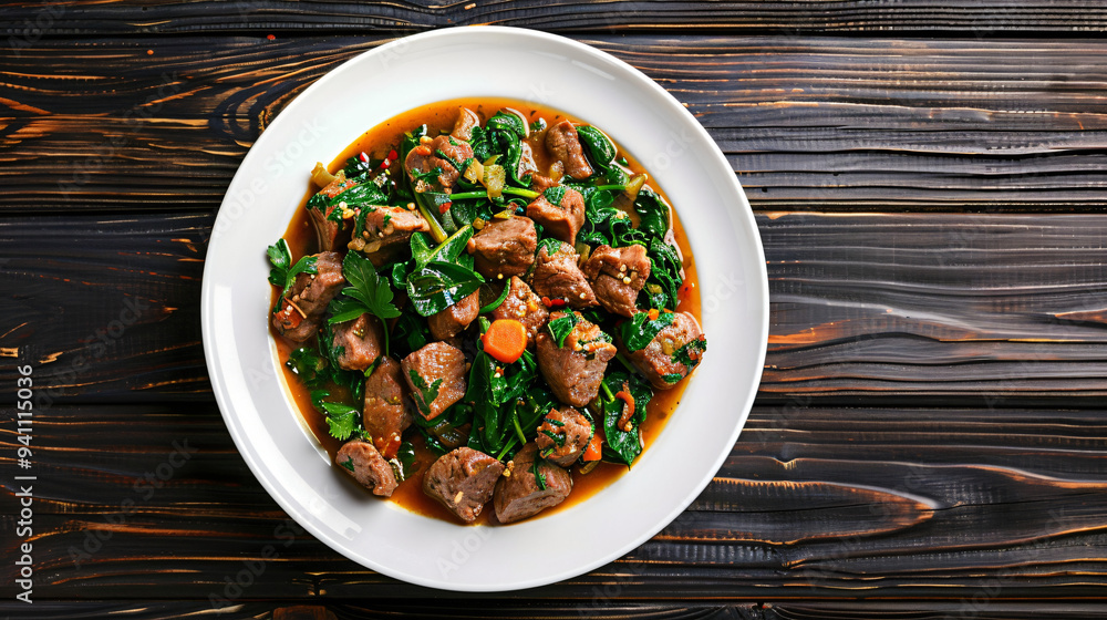 Mouthwatering pork stew with spinach, carrots, and herbs on a rustic wooden table, perfect for a hearty meal Mouthwatering pork stew with spinach, carrots, and herbs on a rustic wooden table, perfect for a hearty meal
