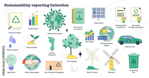 Sustainability reporting to reduce CO2 tiny person neubrutalism collection, transparent background. Labeled environmental and ecological elements illustration.