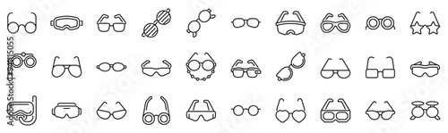 Set of 30 outline icons related to glasses. Linear icon collection. Editable stroke. Vector illustration
