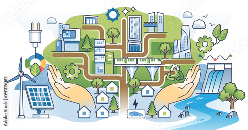 Sustainable city with green energy or lush parks outline hands concept, transparent background. Effective waste management, renewable electricity production and eco infrastructure illustration.