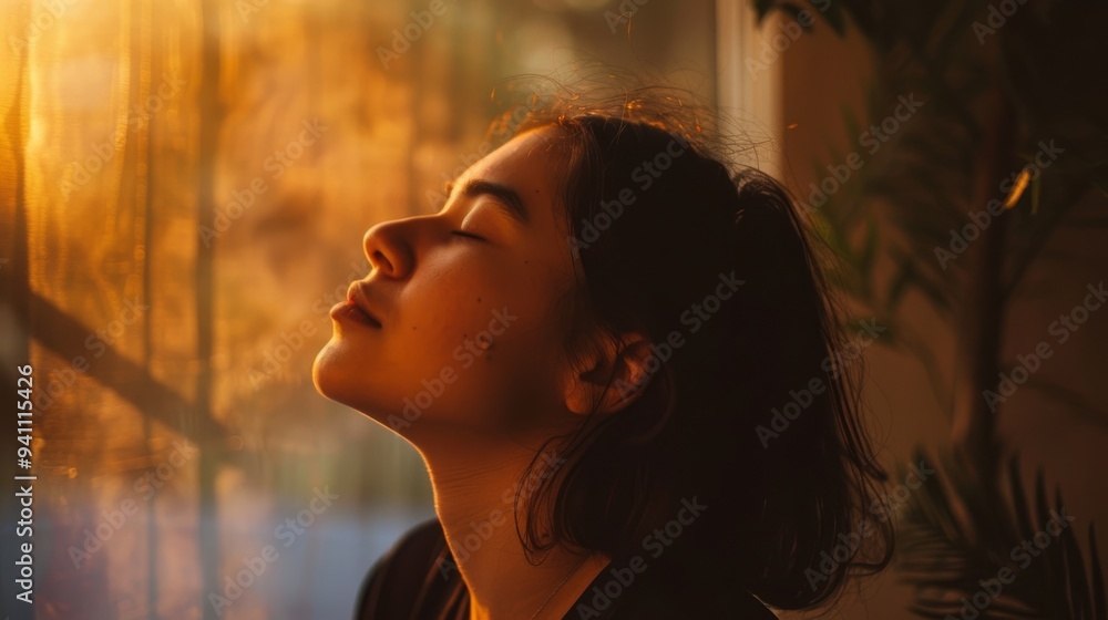 A young woman with her eyes closed, illuminated by golden sunlight through a window, creating a warm, peaceful atmosphere. A young woman with her eyes closed, illuminated by golden sunlight through a window, creating a warm, peaceful atmosphere.