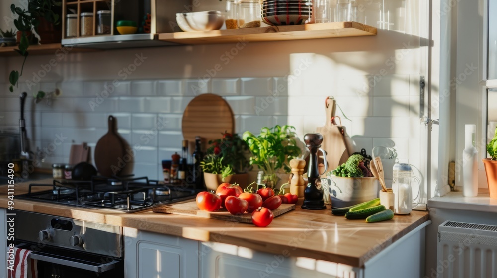 A kitchen bathed in warm sunlight with fresh tomatoes and herbs, reflecting a homely, natural charm and culinary enthusiasm in a neatly organized space. A kitchen bathed in warm sunlight with fresh tomatoes and herbs, reflecting a homely, natural charm and culinary enthusiasm in a neatly organized space.