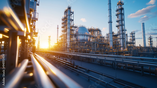 A sprawling industrial complex with a towering LNG storage tank at its center, surrounded by intricate pipelines and cooling systems, set against a clear blue sky