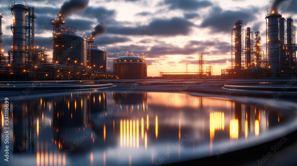 Fototapeta premium Gigantic LNG storage tank with visible vapor clouds, set in a high-tech industrial complex with interconnected pipelines and energy facilities