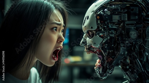 Woman Screaming At Aggressive Cyborg, Highlighting Human-Robot Conflict In Technological Future.