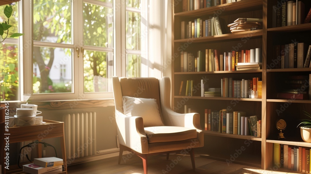 A sunlit reading nook with a cozy armchair and bookshelf, exuding warmth and inviting relaxation in a charming, well-decorated room. A sunlit reading nook with a cozy armchair and bookshelf, exuding warmth and inviting relaxation in a charming, well-decorated room.