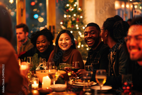 AI generated photo of multicultural people celebrating New Year and Christmas in a festive atmosphere with a decorated Christmas tree and holiday winter decoration in the background