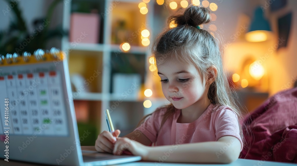 A child imitating a virtual secretary, managing a toy calendar and setting reminders for other children A child imitating a virtual secretary, managing a toy calendar and setting reminders for other children