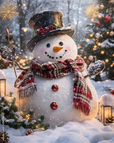 snowman that appears almost lifelike, wearing a cozy scarf, a top hat, and mittens. The snowman's face is bright and cheerful, with a wide smile and spark photo