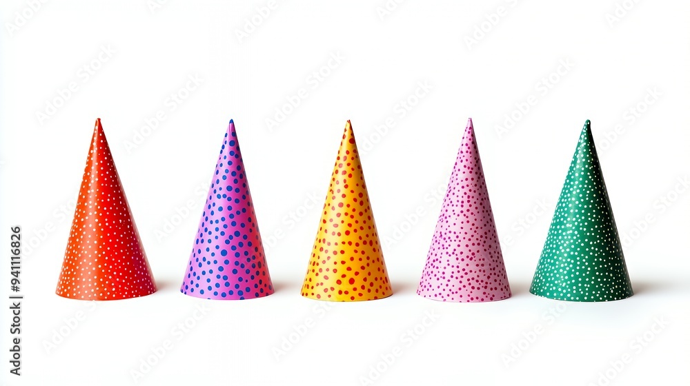 Five colorful party hats arranged in a row, showcasing vibrant patterns and designs. Five colorful party hats arranged in a row, showcasing vibrant patterns and designs.