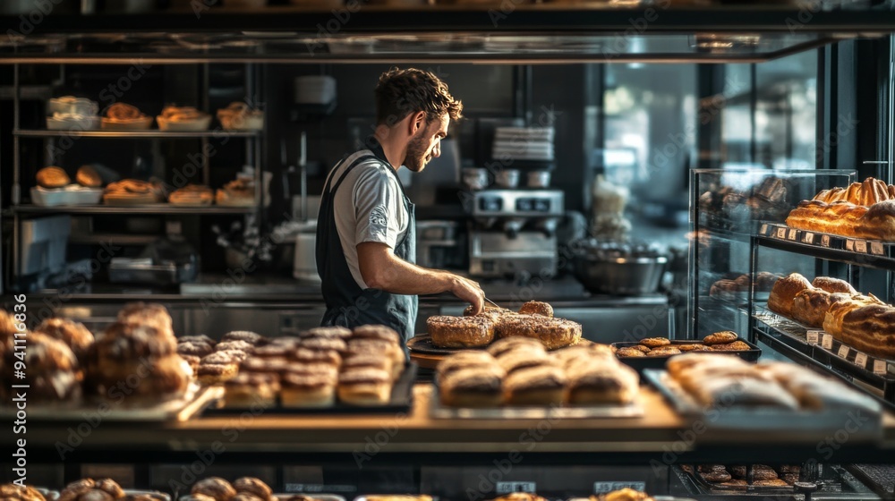 A male baker working in a bakery, arranging pastries on a display case. A male baker working in a bakery, arranging pastries on a display case.