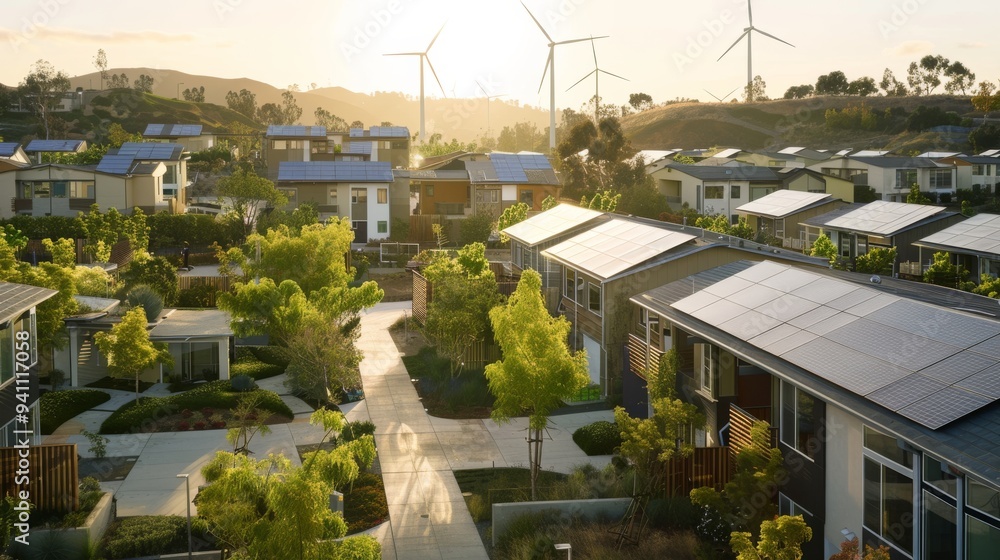 A scenic, sunlit eco-friendly neighborhood with solar panels on rooftops and wind turbines in the background, promoting sustainable living. A scenic, sunlit eco-friendly neighborhood with solar panels on rooftops and wind turbines in the background, promoting sustainable living.