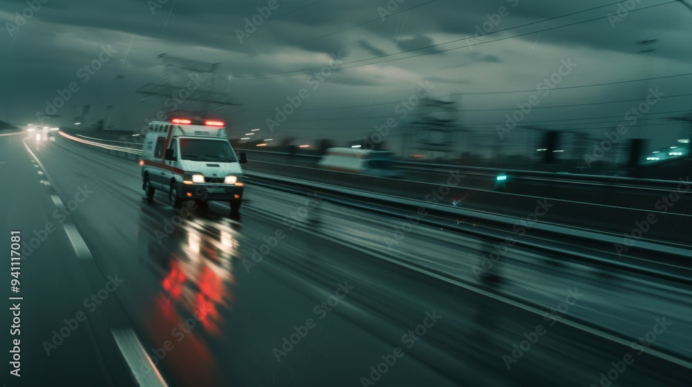 An ambulance speeds down a rainy highway, its lights reflecting on the slick road under a dark, stormy sky. An ambulance speeds down a rainy highway, its lights reflecting on the slick road under a dark, stormy sky.