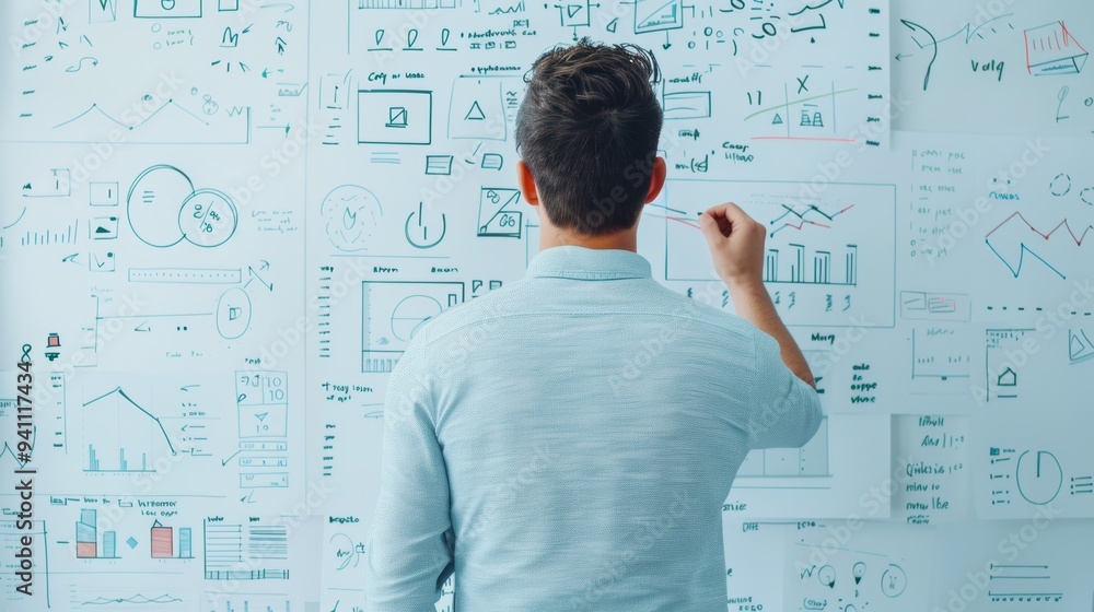 Businessman analyzing data and charts on a whiteboard Businessman analyzing data and charts on a whiteboard