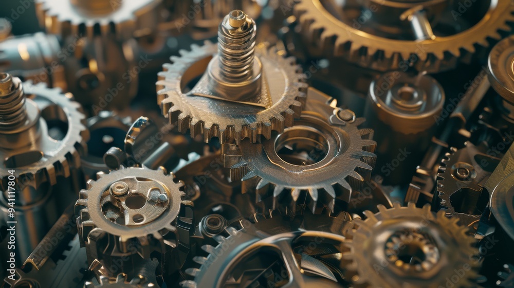 An intricate arrangement of metallic gears and cogs, showcasing mechanical complexity and precision engineering. An intricate arrangement of metallic gears and cogs, showcasing mechanical complexity and precision engineering.