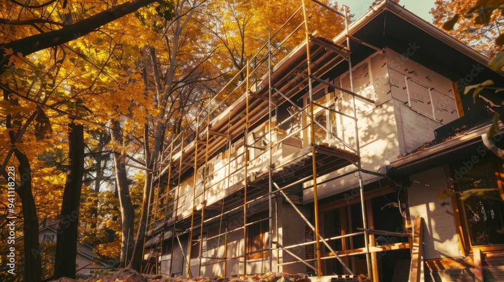 A house undergoing renovation surrounded by vibrant autumn trees, capturing the essence of change and transformation amidst the fall season. A house undergoing renovation surrounded by vibrant autumn trees, capturing the essence of change and transformation amidst the fall season.